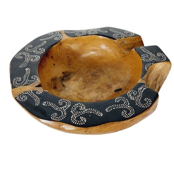 Vintage Natural Polished Teak Root Rustic Bowl Raw Chunky Painted Rim 11.5" - Picture 10 of 14